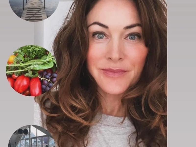 Collage med Anja Kamp Otte, motionsredskaber, grøntsager og en badebro