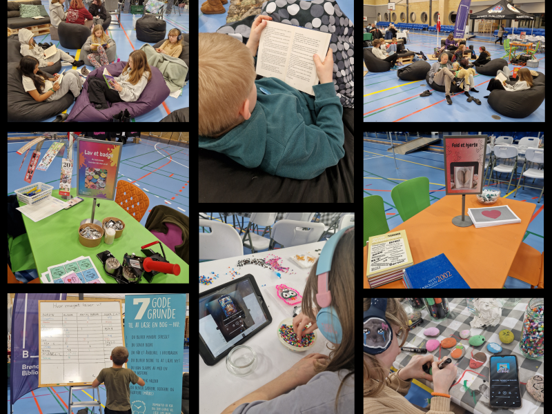 Collage af billeder fra læsemaraton med børn der sidder og læser