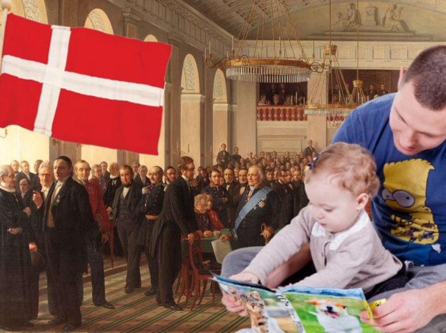 Foran Constantin Hansens maleri af den grundlovgivende forsamling sidder til højre en far og læser med sin datter. Til venstre står et Dannebrogsflag.